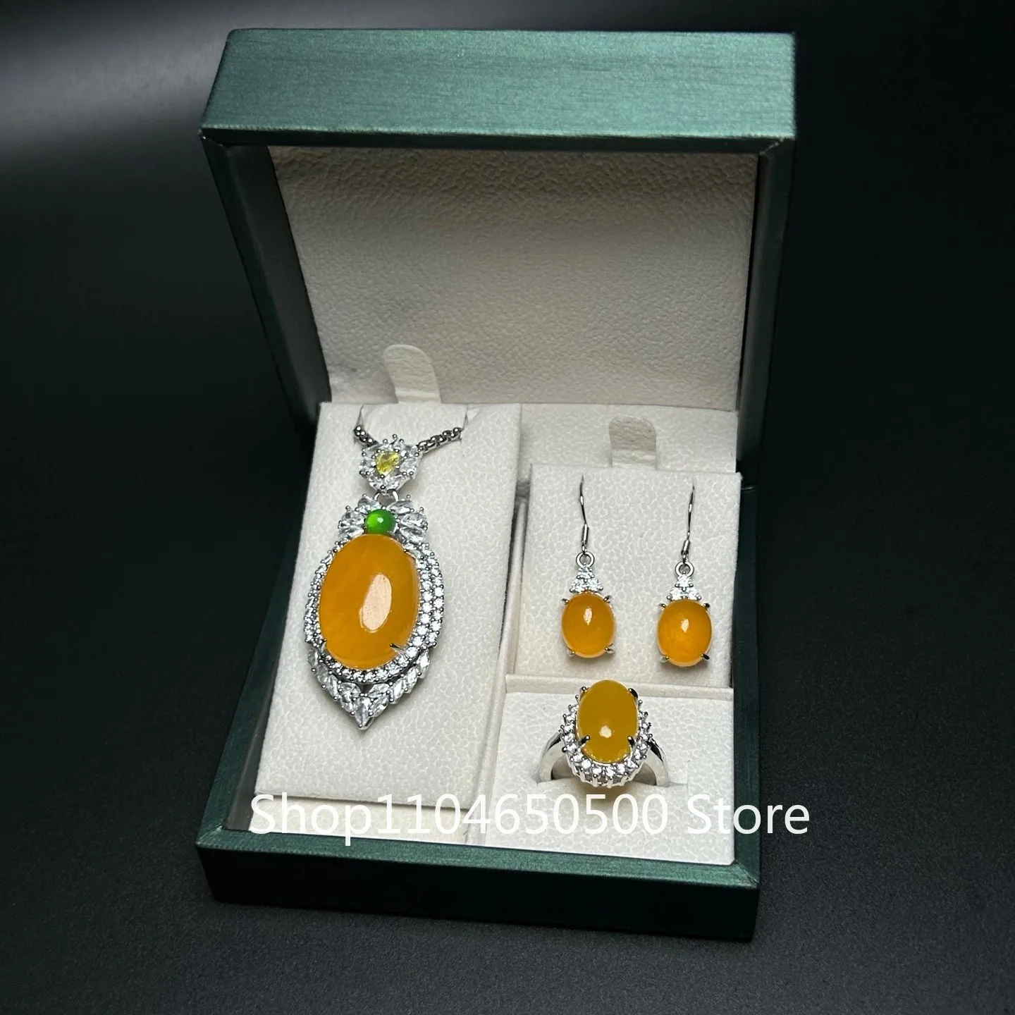 

Certified Nature ice Yellow Jade Jadeite Set Egg Pendant Necklace &Ring&Earring