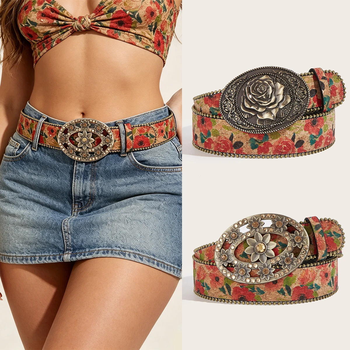 1pc women's gemstone engraved buckle multi-color palace style irregular flower embroidery oil painting pattern PU Leather belt
