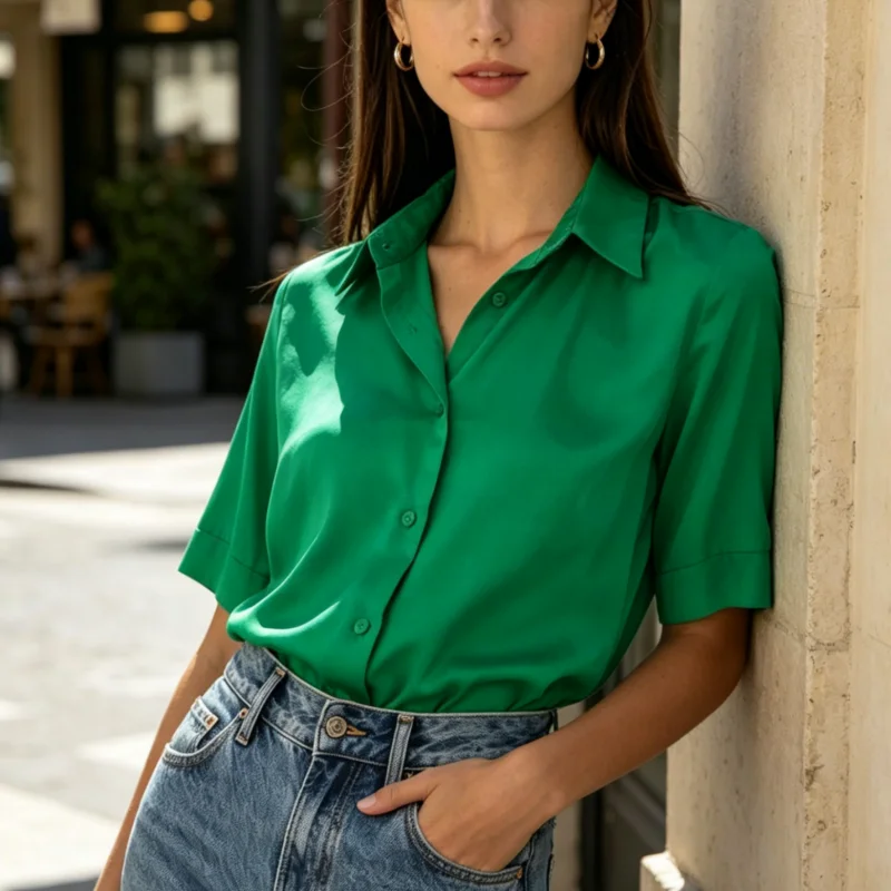 

2026 Loose Short Sleeve Women Shirts Summer Office Elegant Blouse Casual Top Green Fashion Lapel Lady Button Clothing