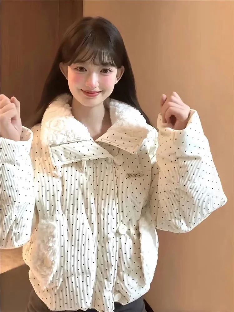 

Милые парки в горошек, женские зимние свободные повседневные утепленные пуговицы в стиле пэчворк, пышные пальто, корейская мода, женская верхняя одежда с меховым воротником
