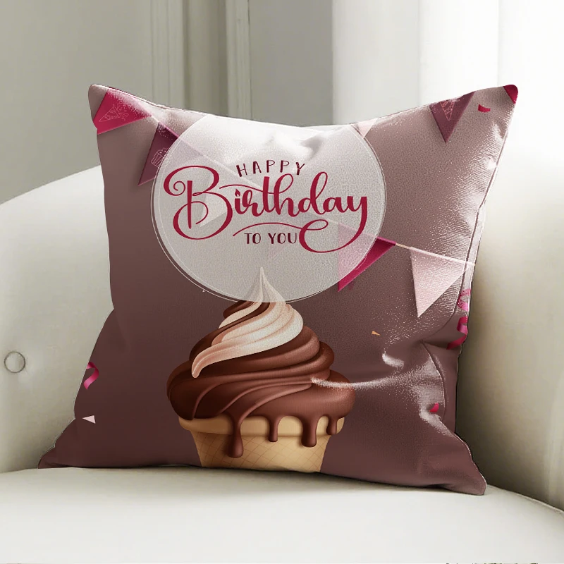 

Happy Birthday Ice Cream Pillow Cover, Chocolate Dessert Print Cushion Case, Party Sofa Bedroom Decor Pillow