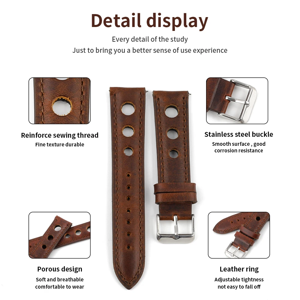 Leather Watchband Breathable Crazy Horse Oil Wax Watch Strap 18mm 20mm 21mm 22mm Quick Release Wristband Pin Buckle Band