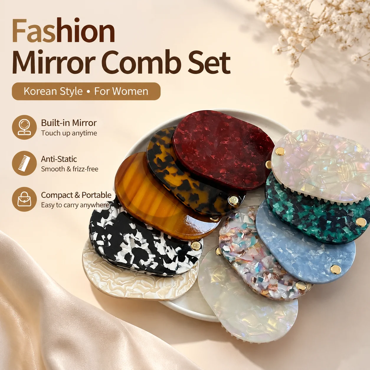Fashion Mirror Comb Set，Acetate Leopard Print Anti-Static Hairbrush Comb，Korean Style Multifunctional Mirror Comb for Women