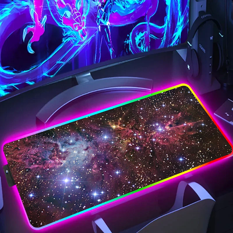 Space Gaming Mouse Pad RGB Mouse Pad Universe Gamer PC Mouse pad Starry Sky Led Backlight Carpet Keyboard Rubber Desk Mats XXL