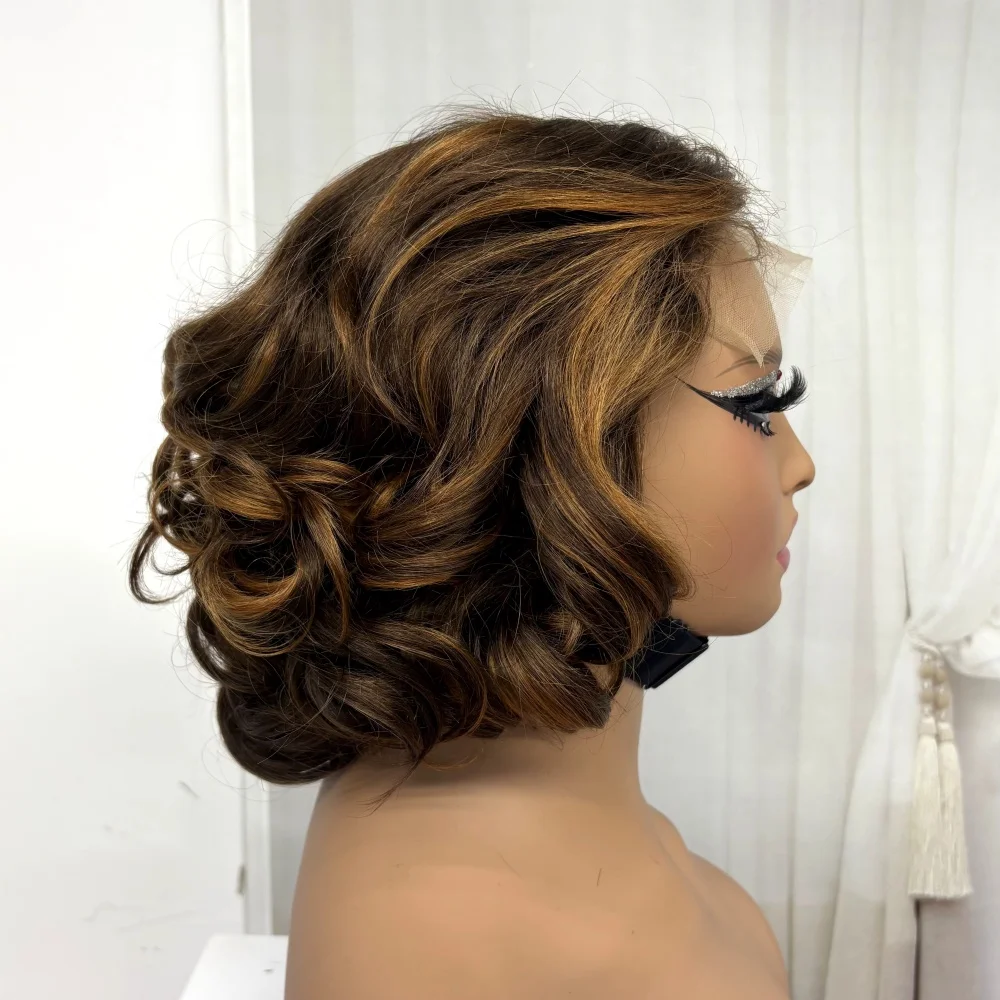 

Ombre Blonde Body Wave Short Bob Wig Highlight Brown Mix Blonde 4/27 Color 13x4 Lace Frontal Preplucked Bob Wigs 100% Human Hair