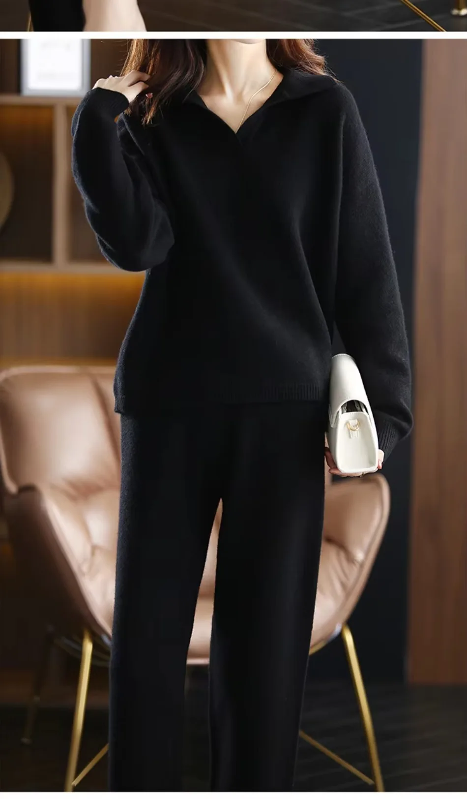 Winter 2026 Neuer Kaschmiranzug für Damen, lockerer Pullover mit Revers, lässige, weit geschnittene Hose, gestrickt, 100 % reine Wolle, zweiteiliger Anzug – Detail 19