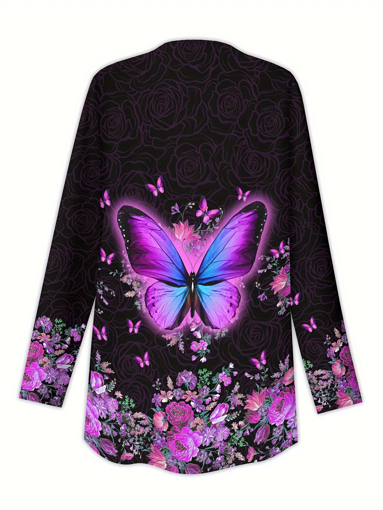 2025 Women's Floral Butterfly Printed Long Sleeve Cardigan, Polyester Open Front, Lightweight Cover Up, Spring Fall Casual Coat