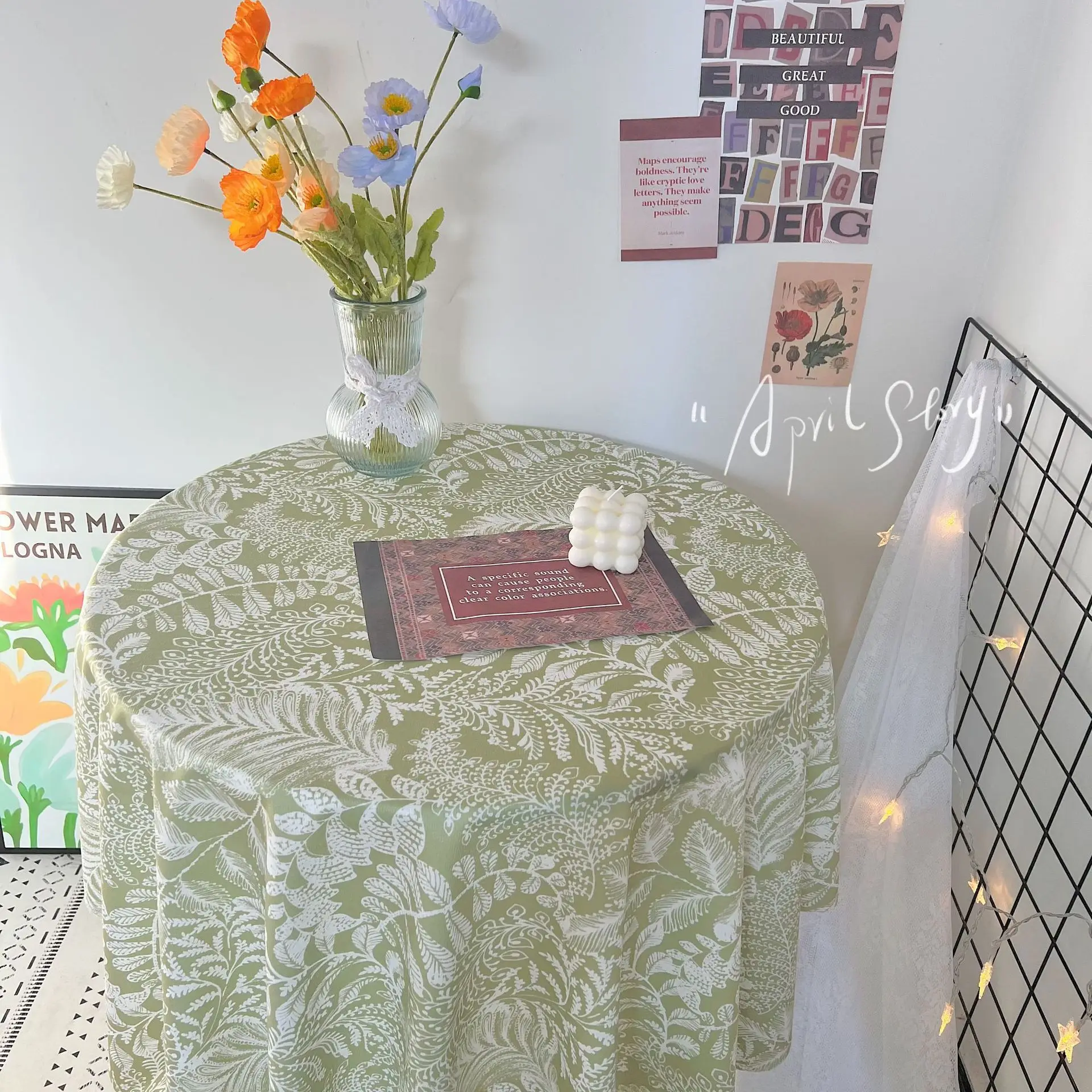 Waterproof Round Tablecloth Fresh Green Nature Tea Table Cloth Plant Luxury Deluxe Thick and Solid Table Cover Spring Home Use