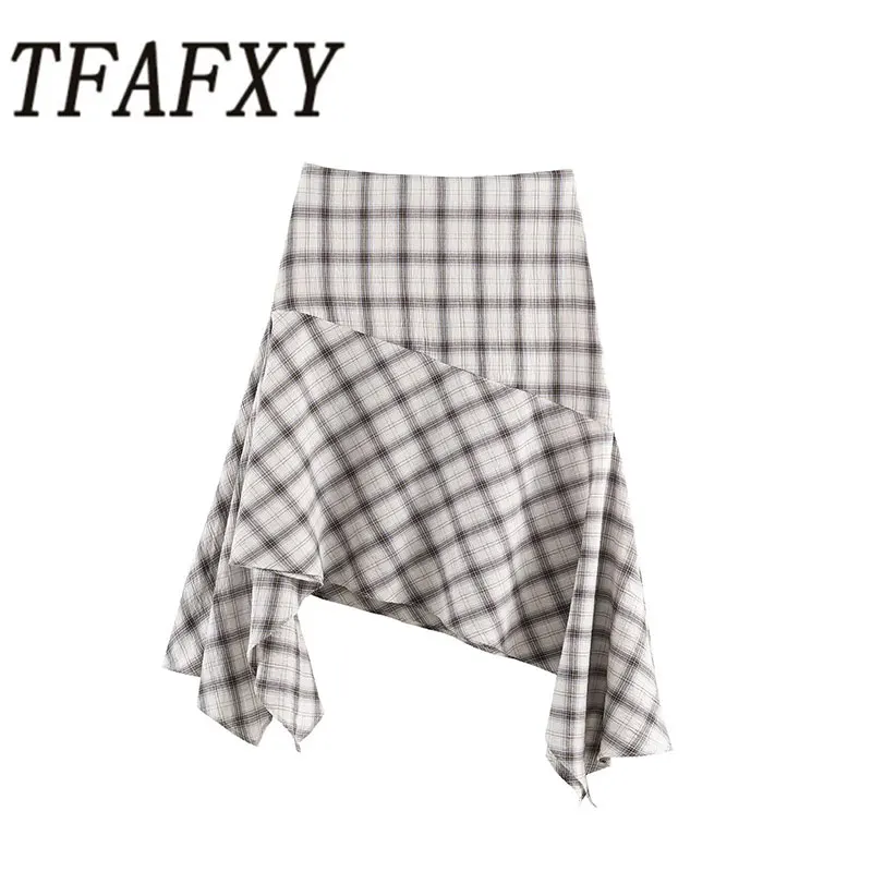 TFAFXY 2026 Spring New Women Chic Elegant Plaid Asymmetry A- Line Skirts For Women High Street Casual Holiday Skirt ﻿Y2K