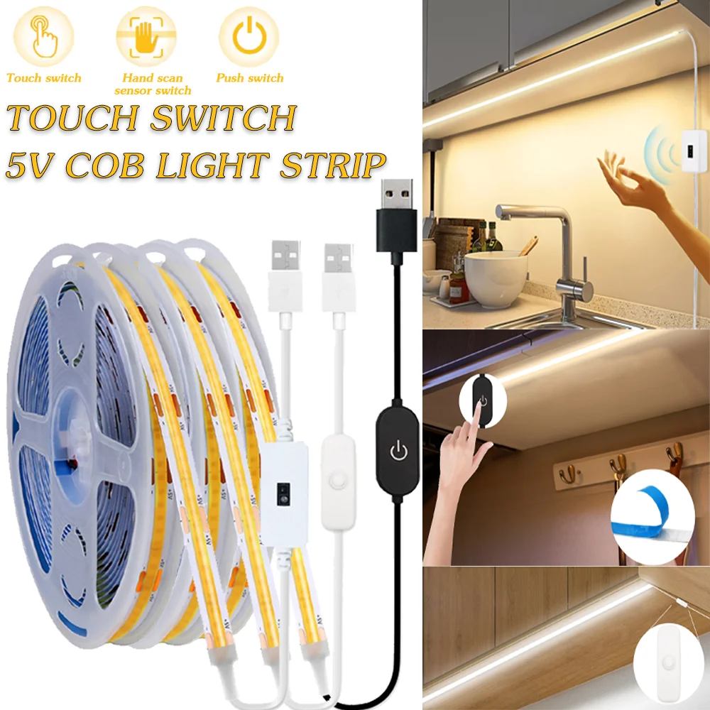 

USB DC 5V COB LED Strip Light 320leds/m 1-5M Hand Scan / Dimmable Touch Sensor Switch/ Push Switch for WardrobeTV Mirror Kitchen