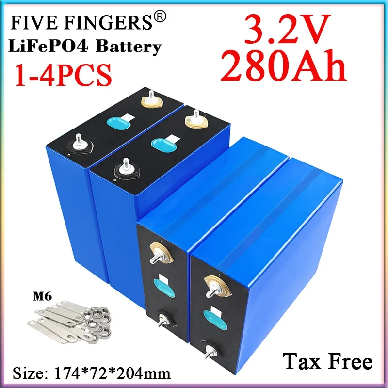 1-4PCS New 3.2V 280Ah Lifepo4 Battery Class A Lithium Iron Phosphate Cell DIY 12-24V E-Car Inverter Solar&Wind Energy Power Tool