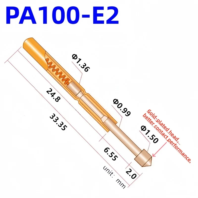 20/100PCS PA100-E2 Spring Test Probe PA100-E Test Pin P100-E P100-E2 Test Tool 33.35mm 1.36mm Needle Gold Tip 1.50mm Pogo Pin