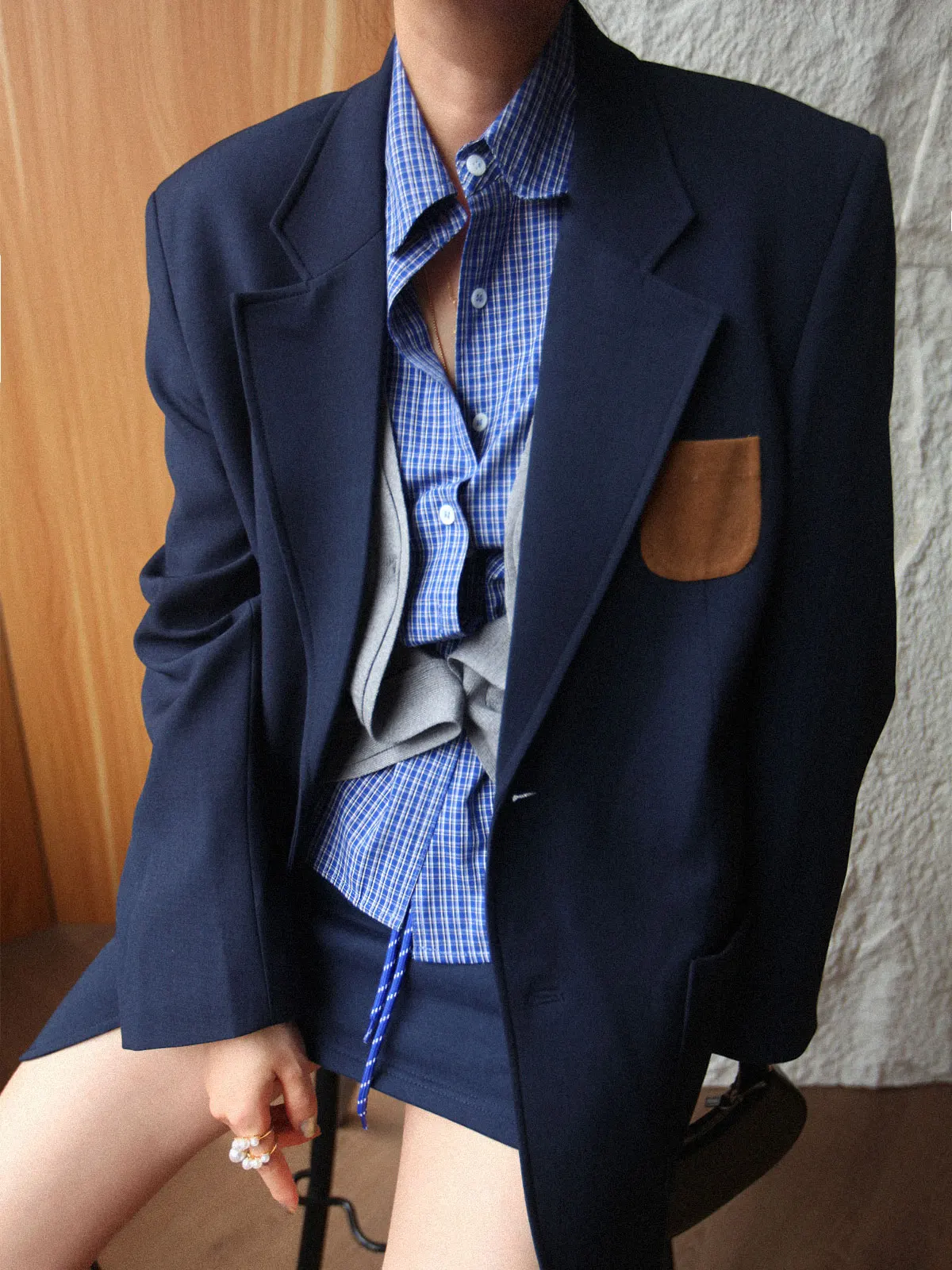 

Женский смокинг Ast Editor's в винтажном стиле из замши с пэчворком, синий, свободного кроя, с длинными рукавами, высококачественная верхняя одежда