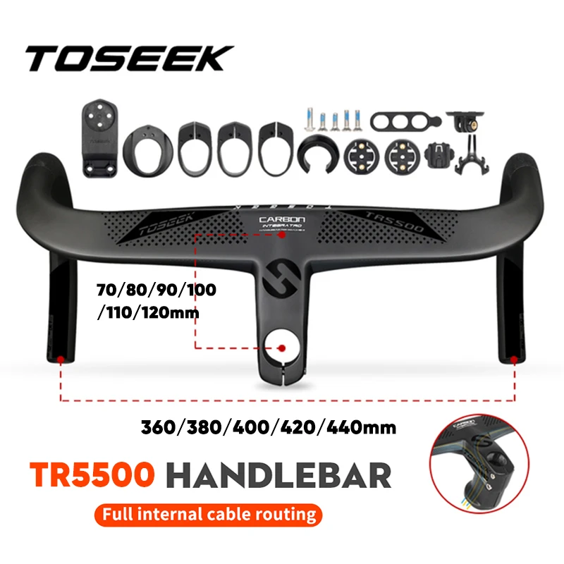 TOSEEK Road Bike Integrated Handlebar Internal Cable Routing Full Carbon Fiber Handlebar with Stem Road Bicycle Drop Bar TR5500