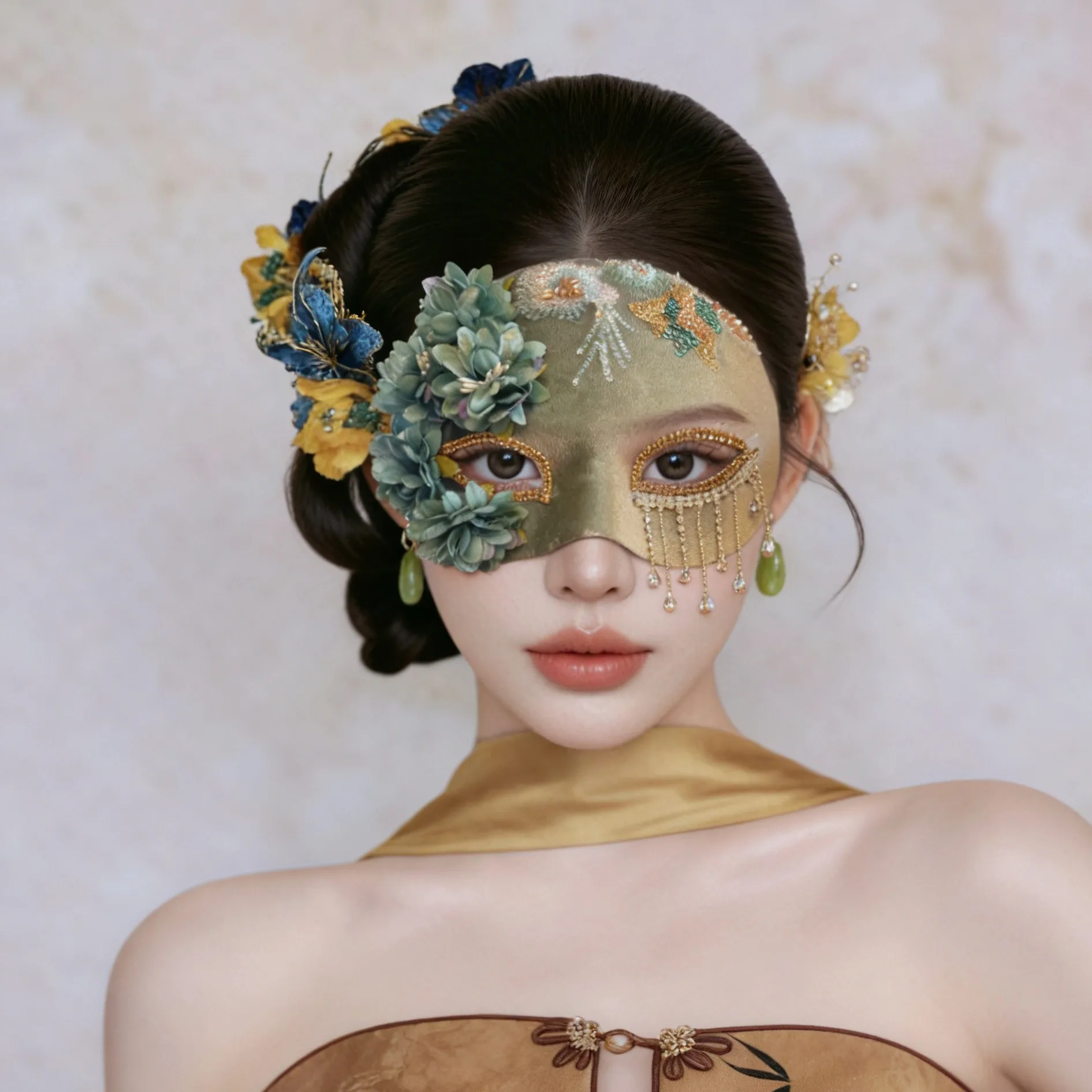 Guofeng Lake Green Velvet Beads Flower Decoration Mask Party Halloween Handmade Mask Performance Live Props