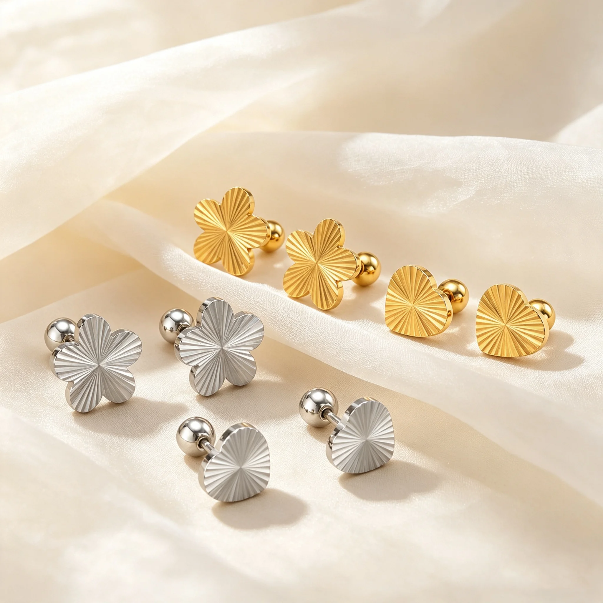 Flowers Stud Earrings for Women Five Leaf Floral Stainless Steel 18K Gold Color Earrings Trendy Dainty Heart Jewelry Gift