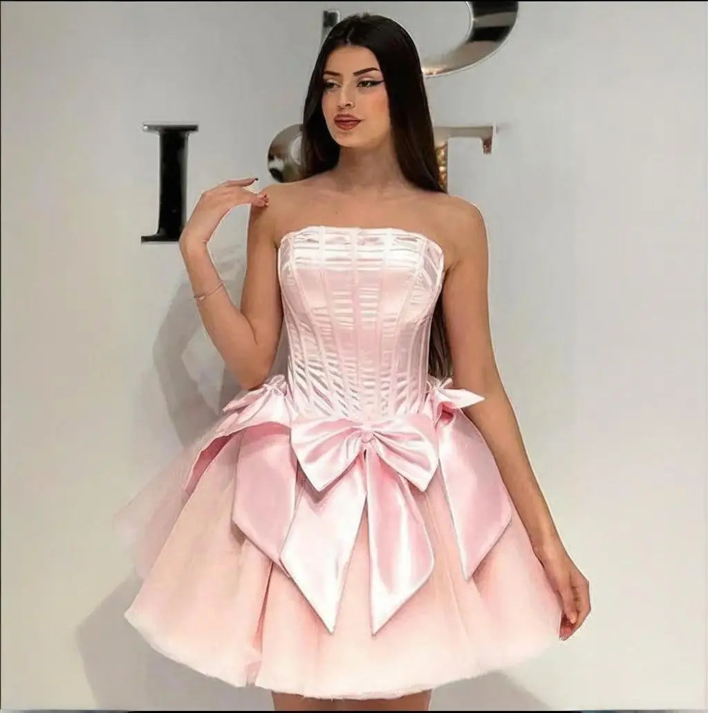 

Cute Strapless Pink Homecoming Dresses with Bow Lovely Backless Ball Gown junior prom dresses vestidos de graduacion largos 2025