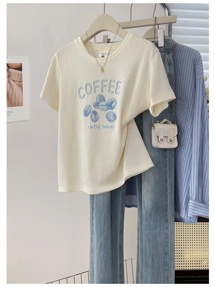 Korean Style round Neck Short Sleeve T-Shirt Women's Embroidered Coffee Bean Letter Casual Loose Teenage Versatile Top