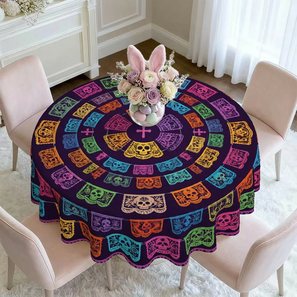 One 2D printed tablecloth with a theme of the Festival of the Dead, featuring a colorful skull  suitable for the home kitchenzyc