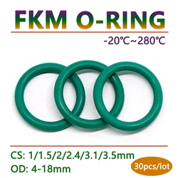 30pcs Thickness CS 1 1.5 2 2.4 3.1 3.5mm Green FKM Fluorine Rubber O Ring Gasket OD 4-27mm O-Ring Seal Washer Oil Acid Resistant