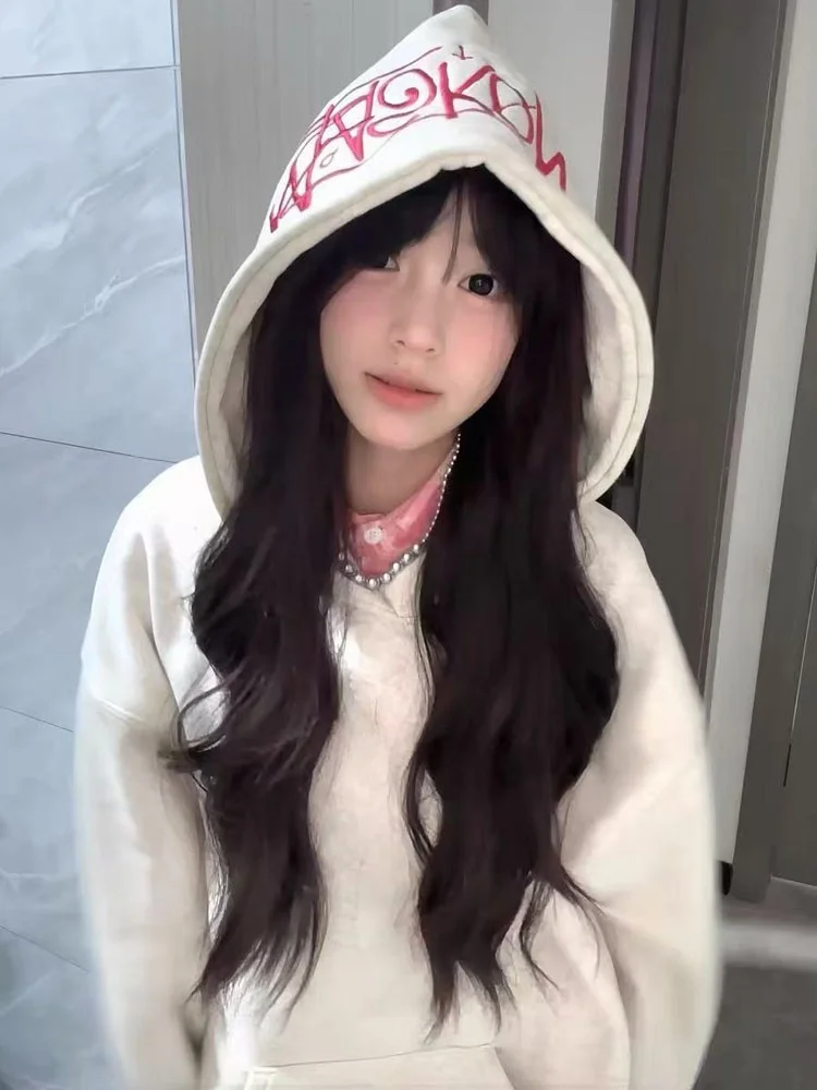 Retro American Letter Print Hoodie Women's New Fce Loose Versatile Top Korean Sle Long Sve Regular Fit Hooded Sweatirt