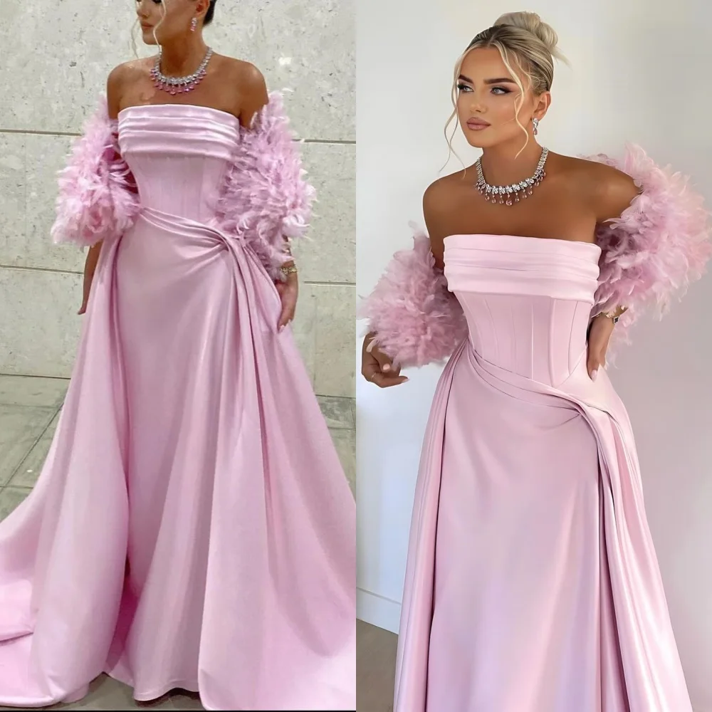 Sparkle Exquisite  Customized Jersey Draped Pleat Feather Evening A-line Off-the-shoulder Bespoke Occasion Gown Long Dresses