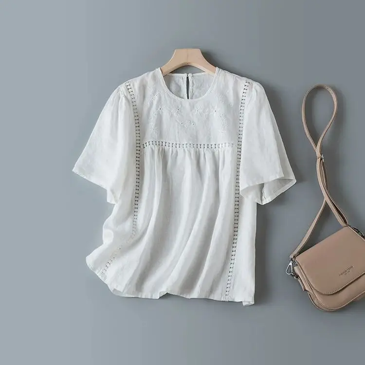 

Dave&di Embroidered Hollow Out 100% Linen Short Sleeved Round Neck Shirt Top Age Reducing Sweet Doll Shirt Summer