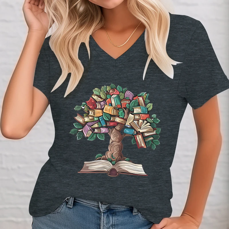 Vintage Book Tree Graphic T Shirt Women Reading Lover Gift Summer Clothes Women Vintage Retro Book Essential Short Sleeve Tshirt