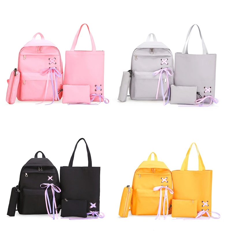 

4Pcs/Set Ribbon Chain Bowknot Canvas Backpack Travel Rucksacks Leisure Backpacks For Teenage Girls School Backpack