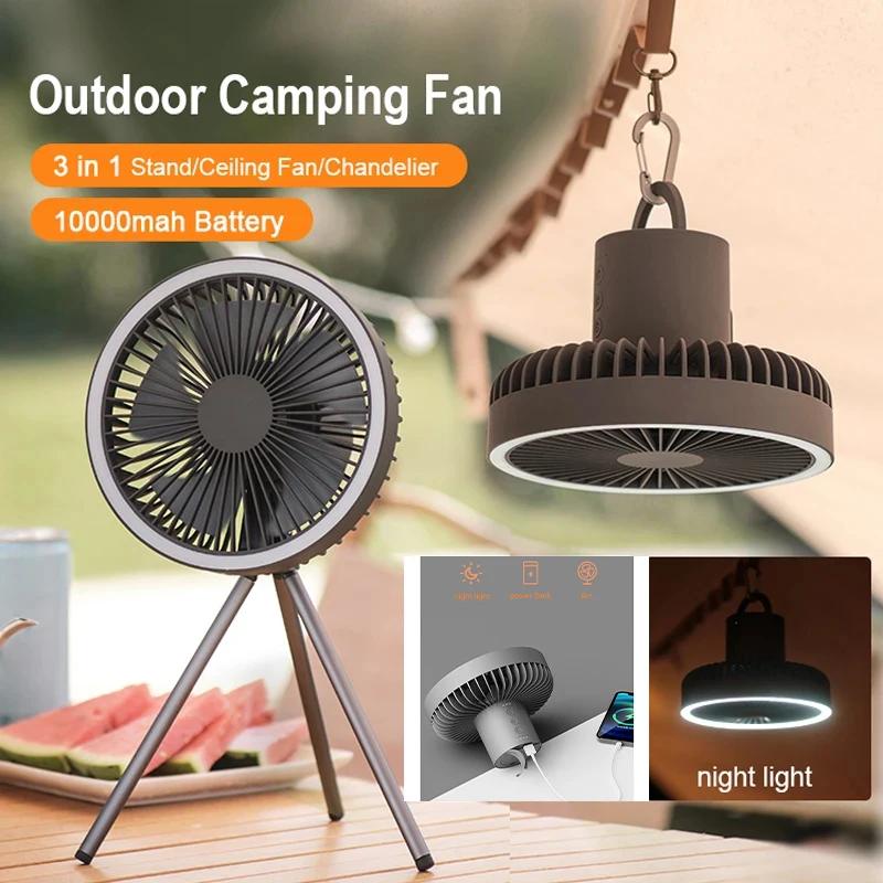 Portable Camping Fan 10000mAh Power Bank USB Rechargeable Electric fan Air Cooler Outdoor Ceiling Fan With LED Night Light