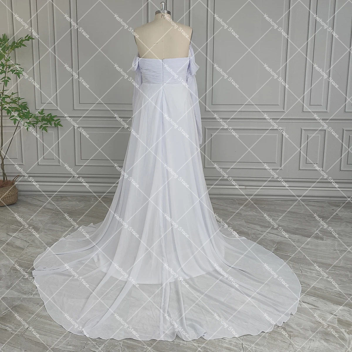 Alta fenda querida mangas compridas bolha vestidos de noiva uma linha personalizado ruching chiffon reunidos plissados saia vestido de casamento