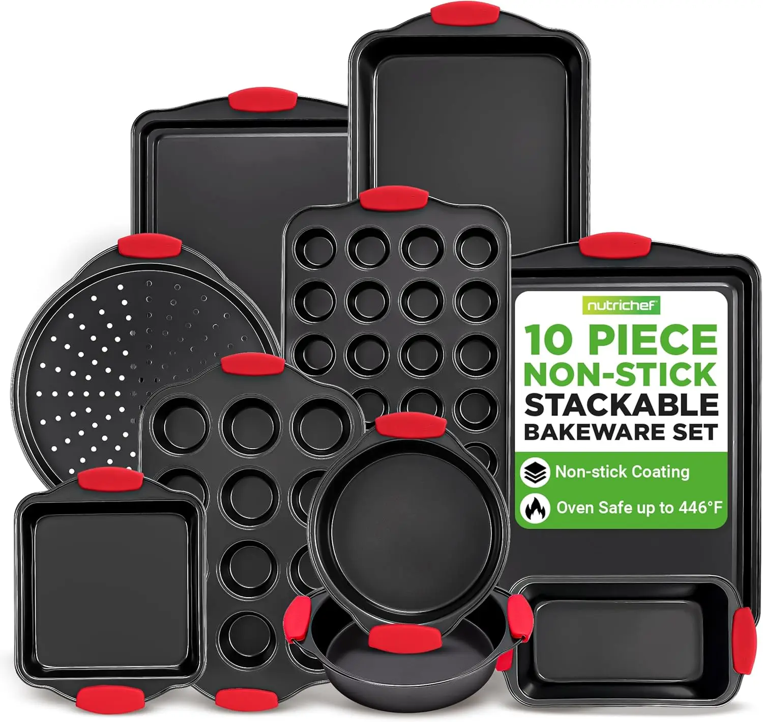 

10-Piece Nonstick Oven Baking Pans - Premium Carbon Steel, Silicone Handles, Easy Clean Commercial Grade Bakeware