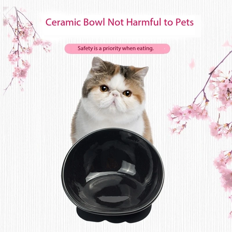 Bulldog Bowl Ceramic Dog Food Bowl - Dog Cat Dish Wide Mouth Dog Bowl Pet Sterile Tilted Pet Feeder with Anti-Skid Rubber Mat