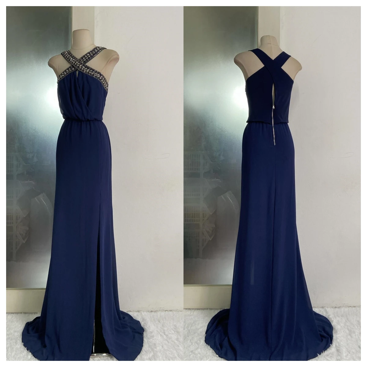 

Customized Luxury Navy Blue Jersey Evening Dress Halter Sleeveless Celebrity Gowns Bespoke Occasion Gowns Crystal Temperament
