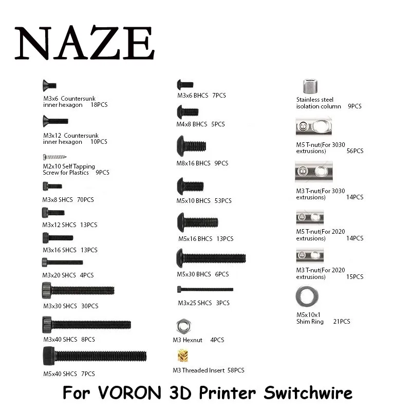 NAZE Voron Switchwire 3D printer DIY Project Fastener set complete set of Screws and Nuts for  Voron Switchwire parts.