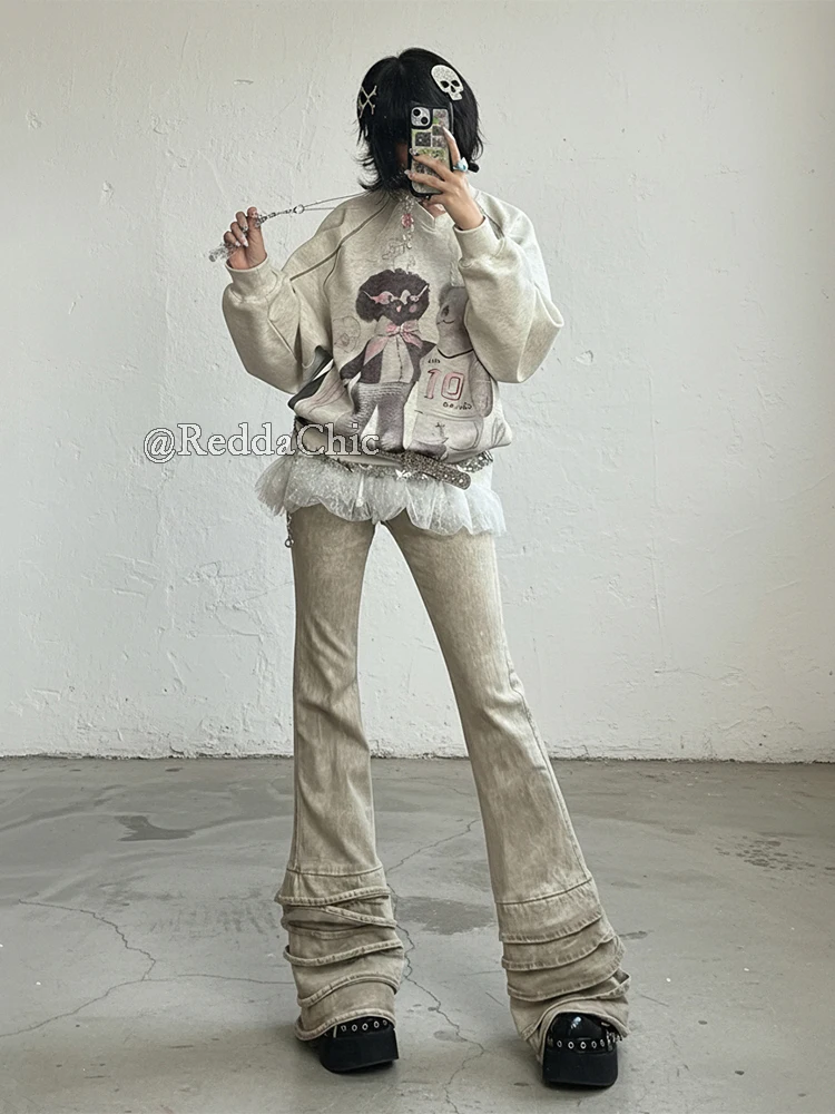 REDDACHiC Women Distressed Y2k Flared Jeans High Waist Ruffle Tiered Bootcut Tight Stretch Denim Pants Vintage Punk Streetwear