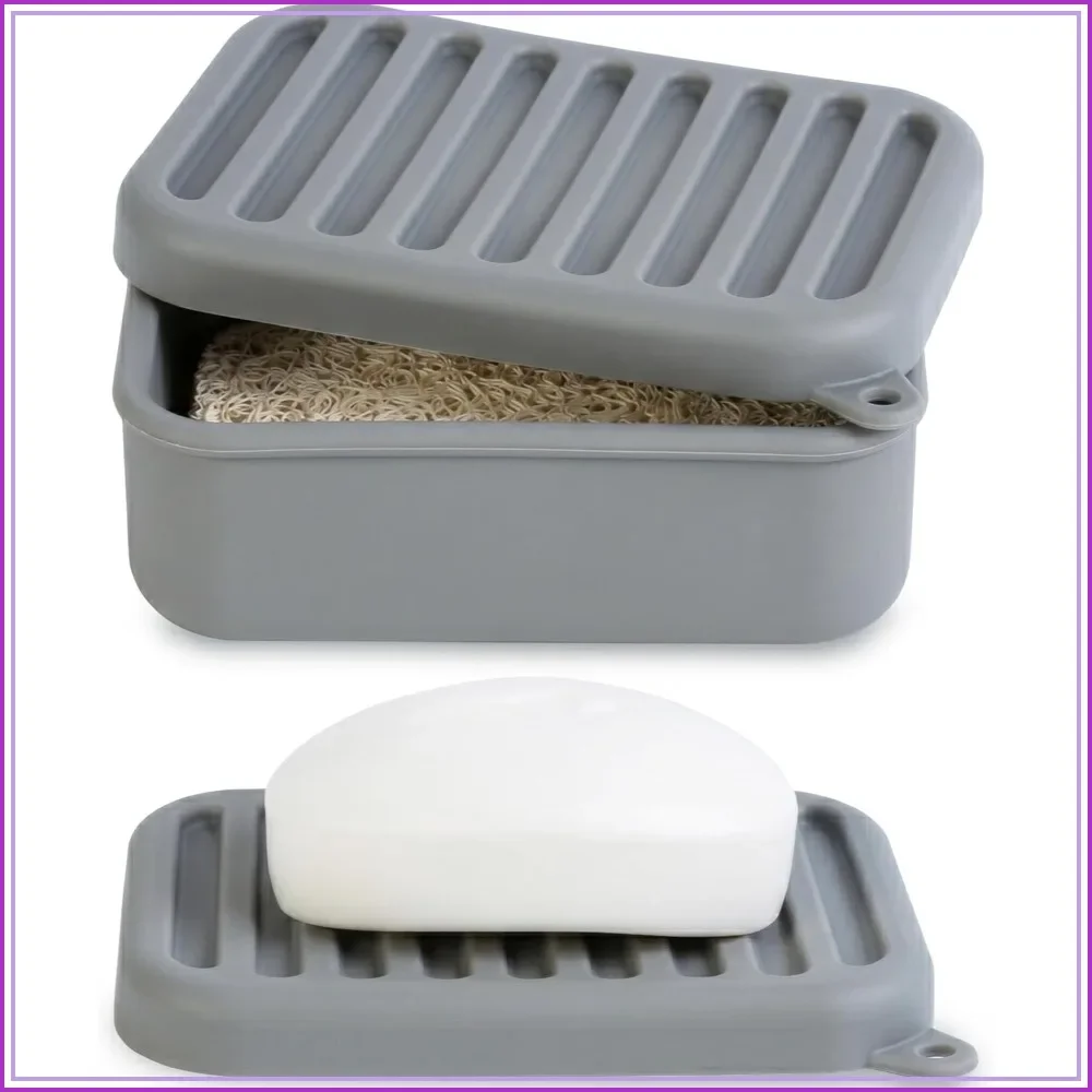 Leakproof Silicone Soap Case for Travel, Camping, Gym - Compact Soap Holder with Drainage Layer (Deep-Gray)