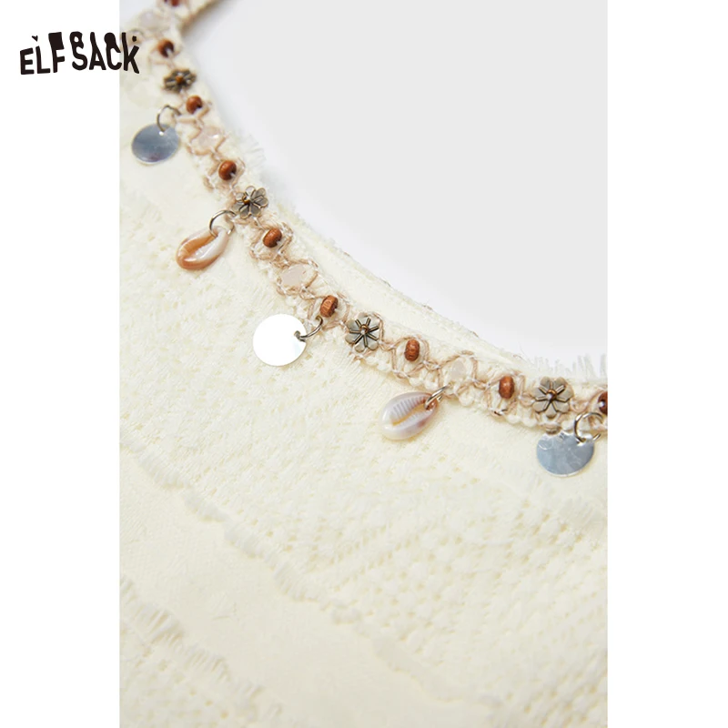 ELFSACK 2025夏新作 ボヘミアン シェルディテール ニット マキシワンピース レディース サイドスリット ビーチスタイル