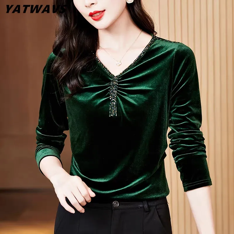 

M-3XL Autumn New Arrivals Sexy V-neck Beading Women's T-Shirt Chic Long-Sleeved Tassels Tees Female Velvet Pullover Tops Blouse