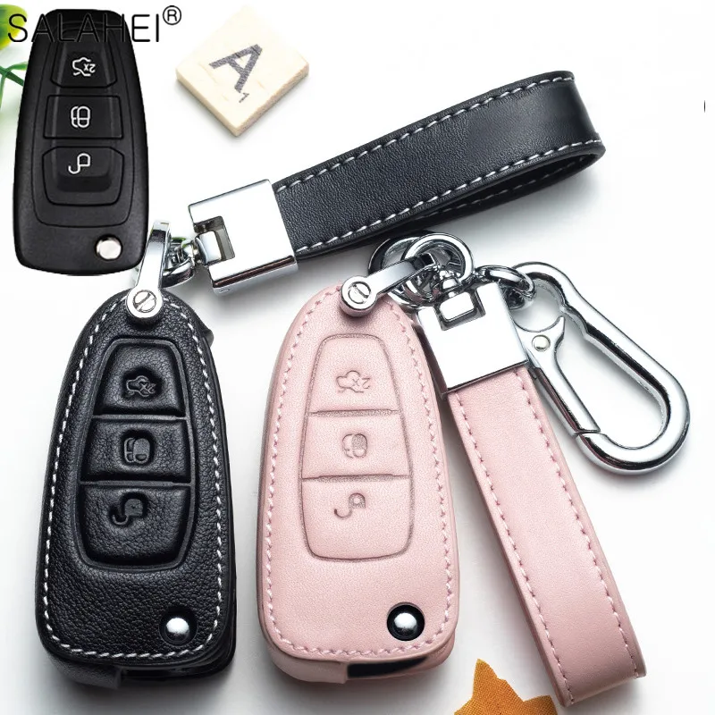 Leather Car Key Remote Cover Case For Ford Fiesta Focus 3 4 ST Mondeo Ecosport Kuga Ranger C-Max S-Max Auto keychain Accessories