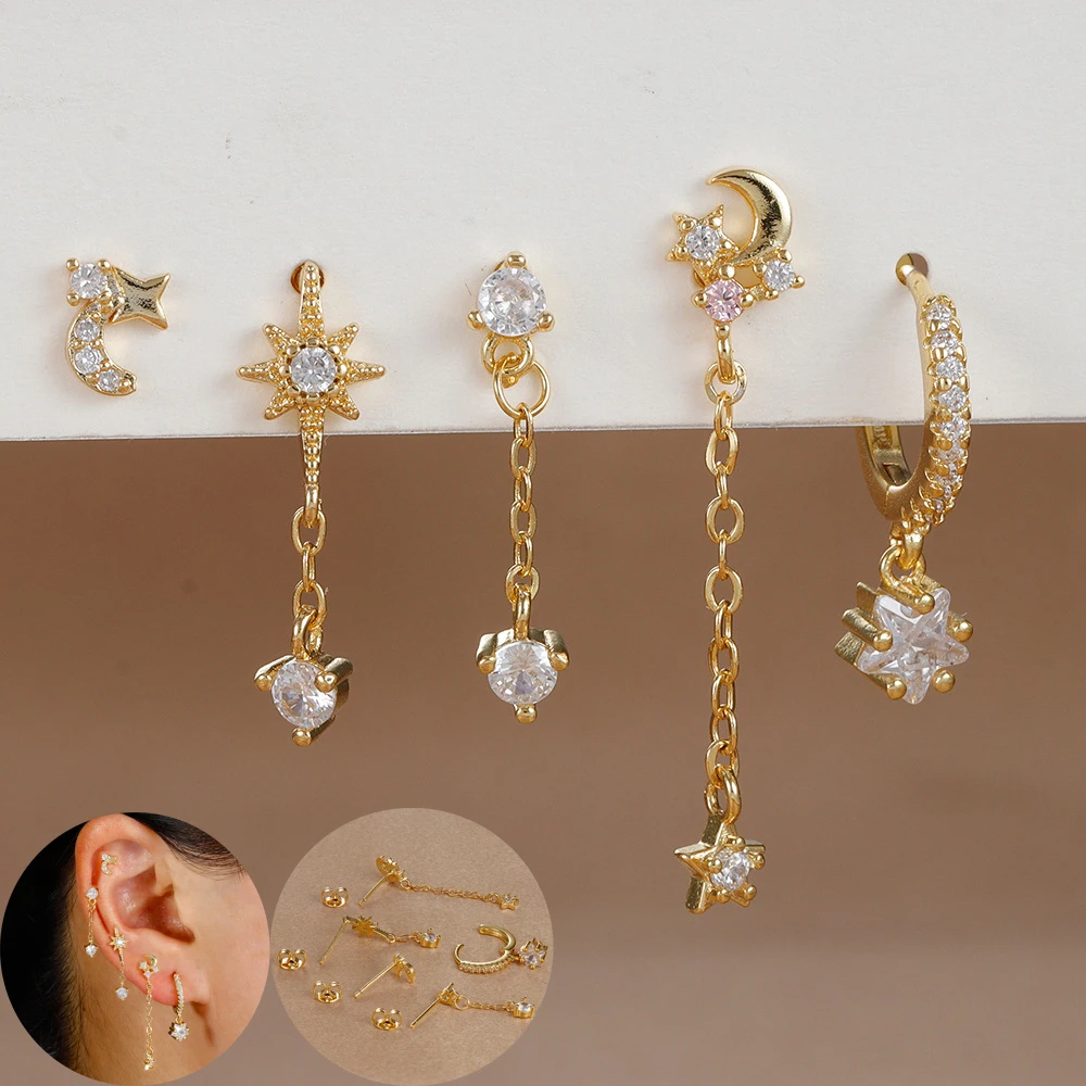 5 Stück Edelstahl Sonne Mond Stern Ohrringe Set für Frauen lange Kette Zirkonia Anhänger elegante Ohr stecker Party Schmuck Geschenke