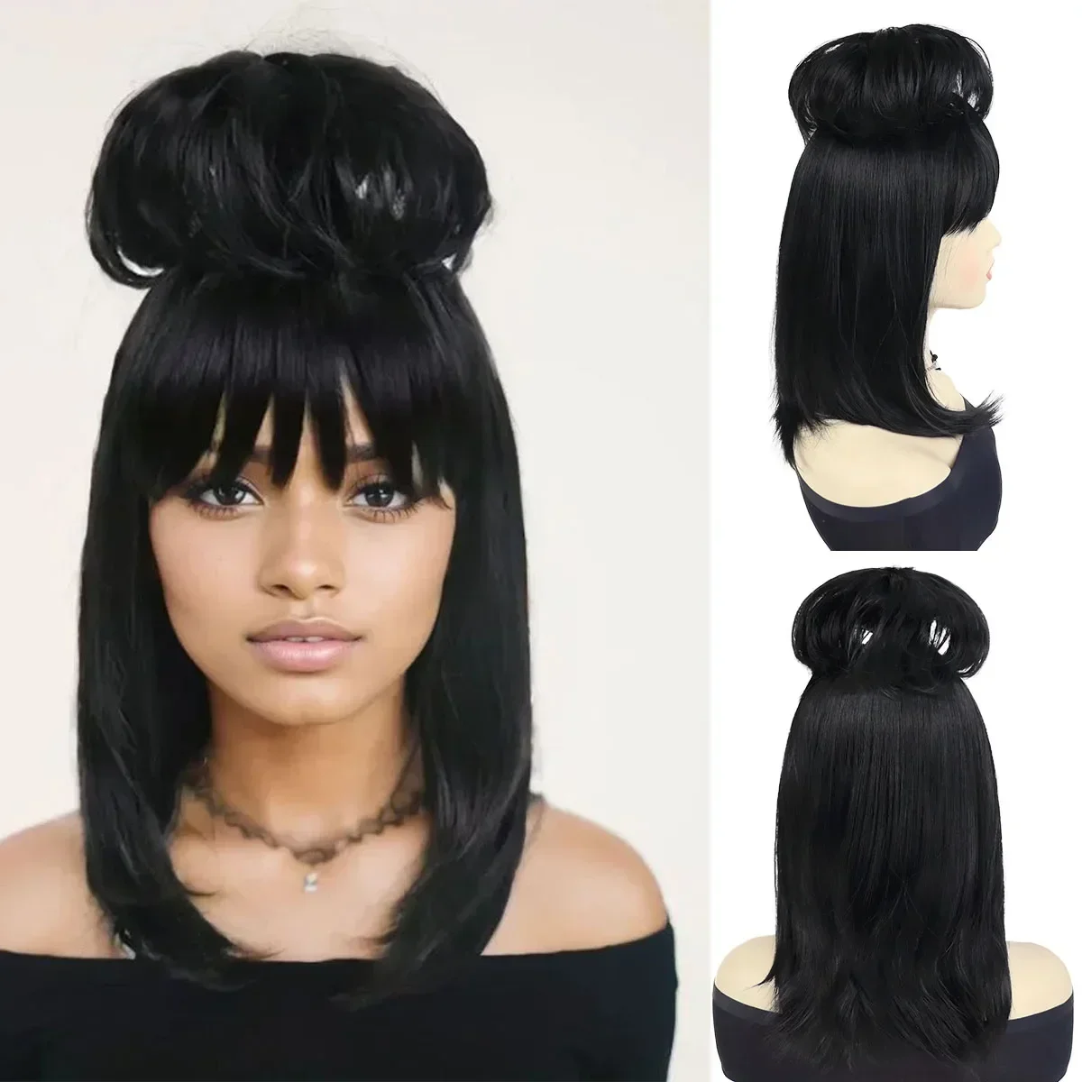 

Premium Synthetic Costume Wigs Women Long Straight Black Wigs with Bun Cosplay Wig Halloween Drag Queen Party