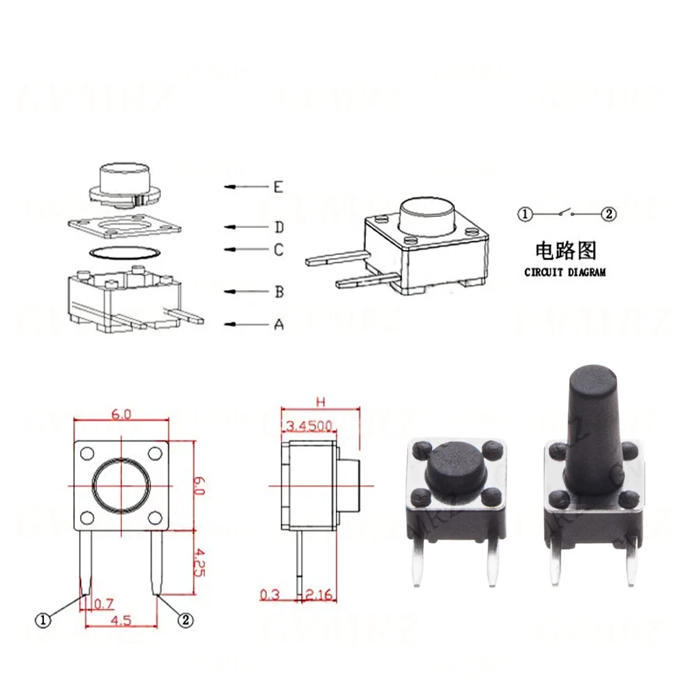 50PCS 6x6x4.3/5/5.5/6/7/8/9mm Integrated circuit Black 6x6 Tact Button Side 2Pin 6*6* Side Insert Micro 6x6x4.3/5/5.5