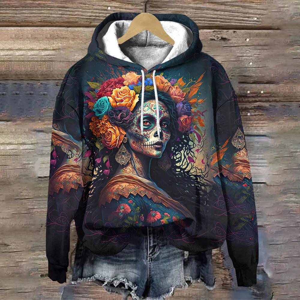 Day of the Dead Pullover Hoodies Fashion Skulls Print Autumn Loose Trend Women\'s Sweatshirts Designer Women Clothing Tops