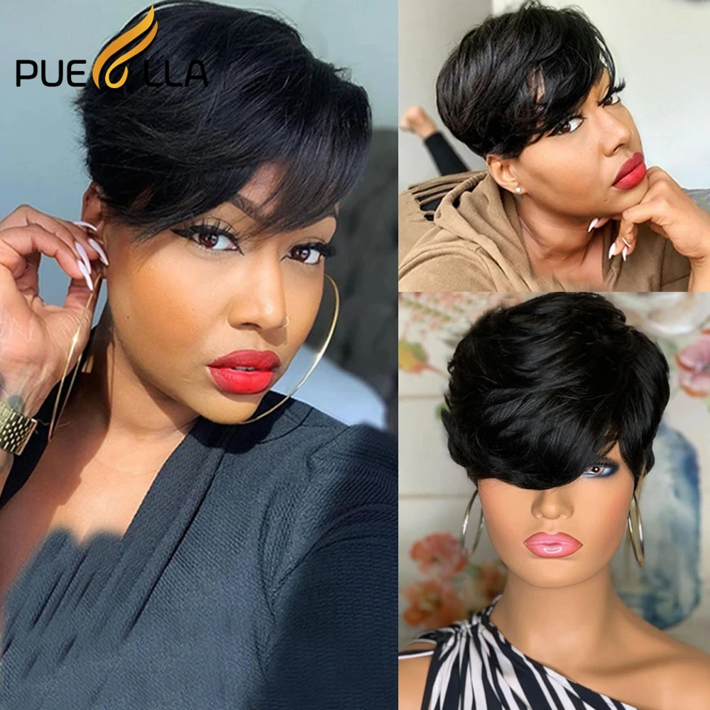 Short Pixie Cut Straight Remy Human Hair Wig With Bangs Ready to Wear Natural Color Bob Full Machine Made Wig For Women