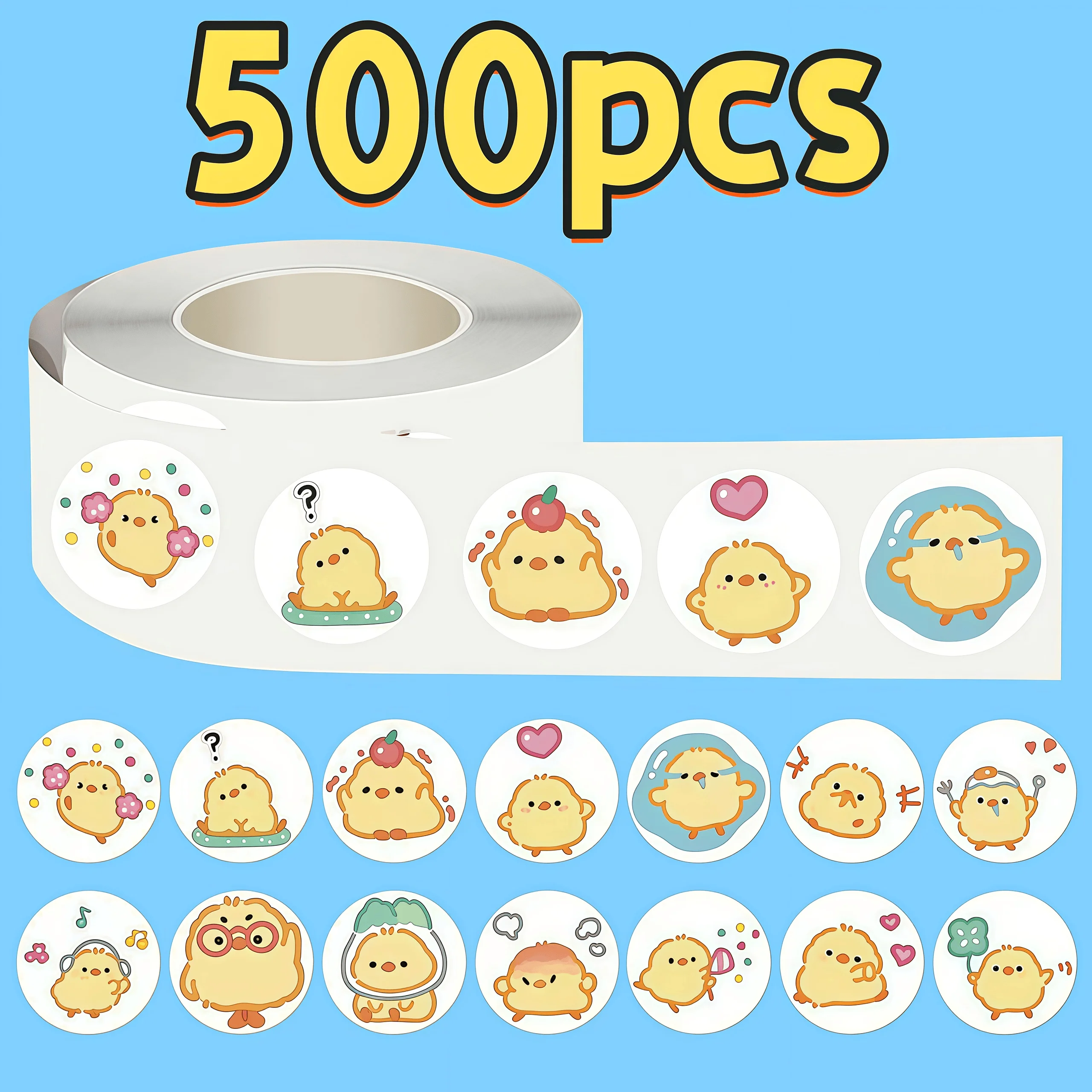 500Pcs Mellow Yellow Chick Sticker Roll, Adorable Expressions & Cute Patterns Seal Decals for Decor, DIY & Gifts