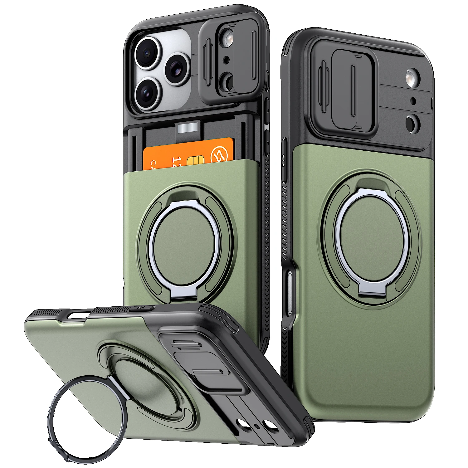 Stoßfeste Panzerhülle für iPhone 17 16 15 14 13 12 18 Pro Max Plus 17E 16E 16Pro mit Kartenfach, Ständer und Schiebe-Objektivabdeckung