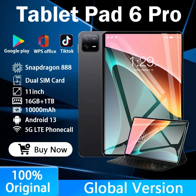 

Планшет Global Edition New Pad 6 Pro, Android 2024, HD экран 16 ГБ, 1 ТБ, телефон с двумя SIM-картами, двойным режимом ожидания, GPS, Wi-Fi, планшет 11 дюймов