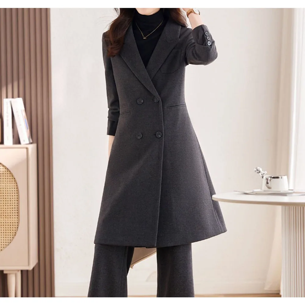 Tesco Winter Suit Coat For Women Wear Thickened Mid-Length Trench Coat And Wide Leg Pants 2 Piece Warm Outerwear For Female 2023