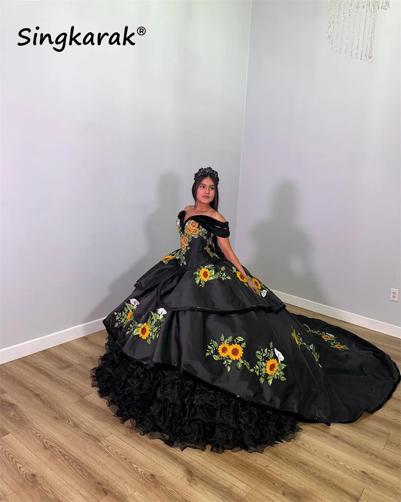 Luxe Zwarte Vestidos De 15 Quinceañera Zonnebloemen Borduren Kralen Jurk Off Schouder Sweet 16 Jurken Baljurk Aangepaste